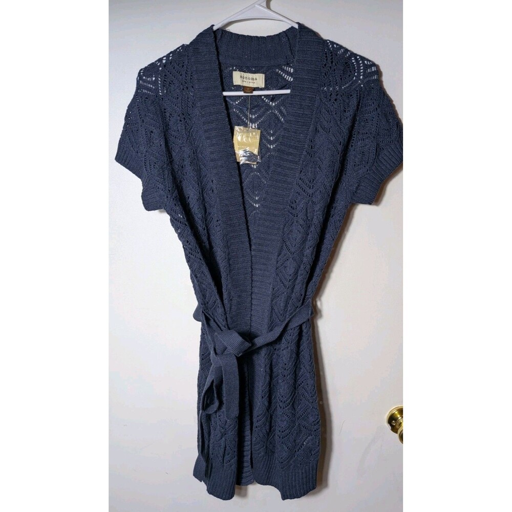 nwt Sonoma Life Style Blue Crochet Pointelle Open Front Belted Cardigan Size M